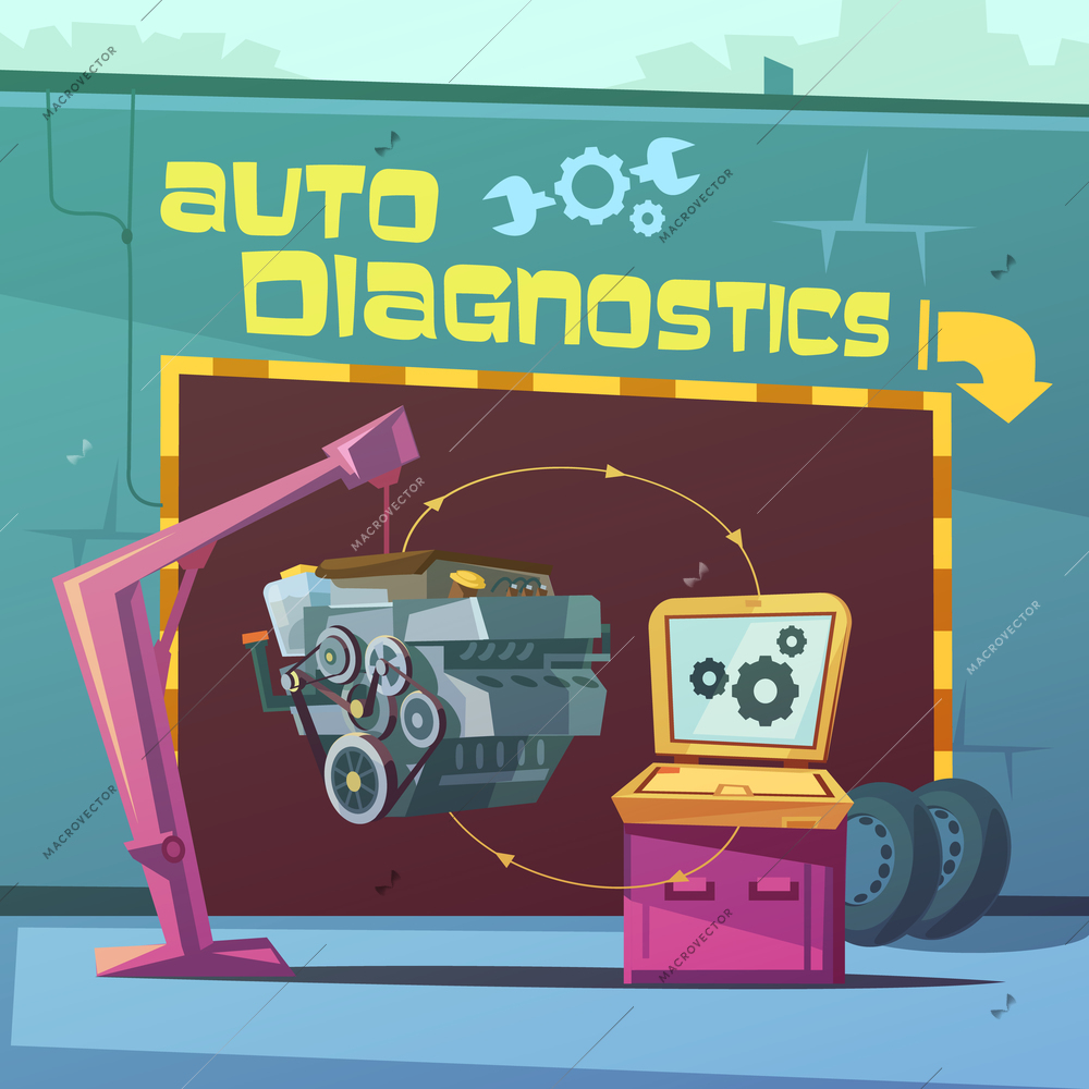 Auto diagnostics cartoon background with equipment and spare parts vector illustration