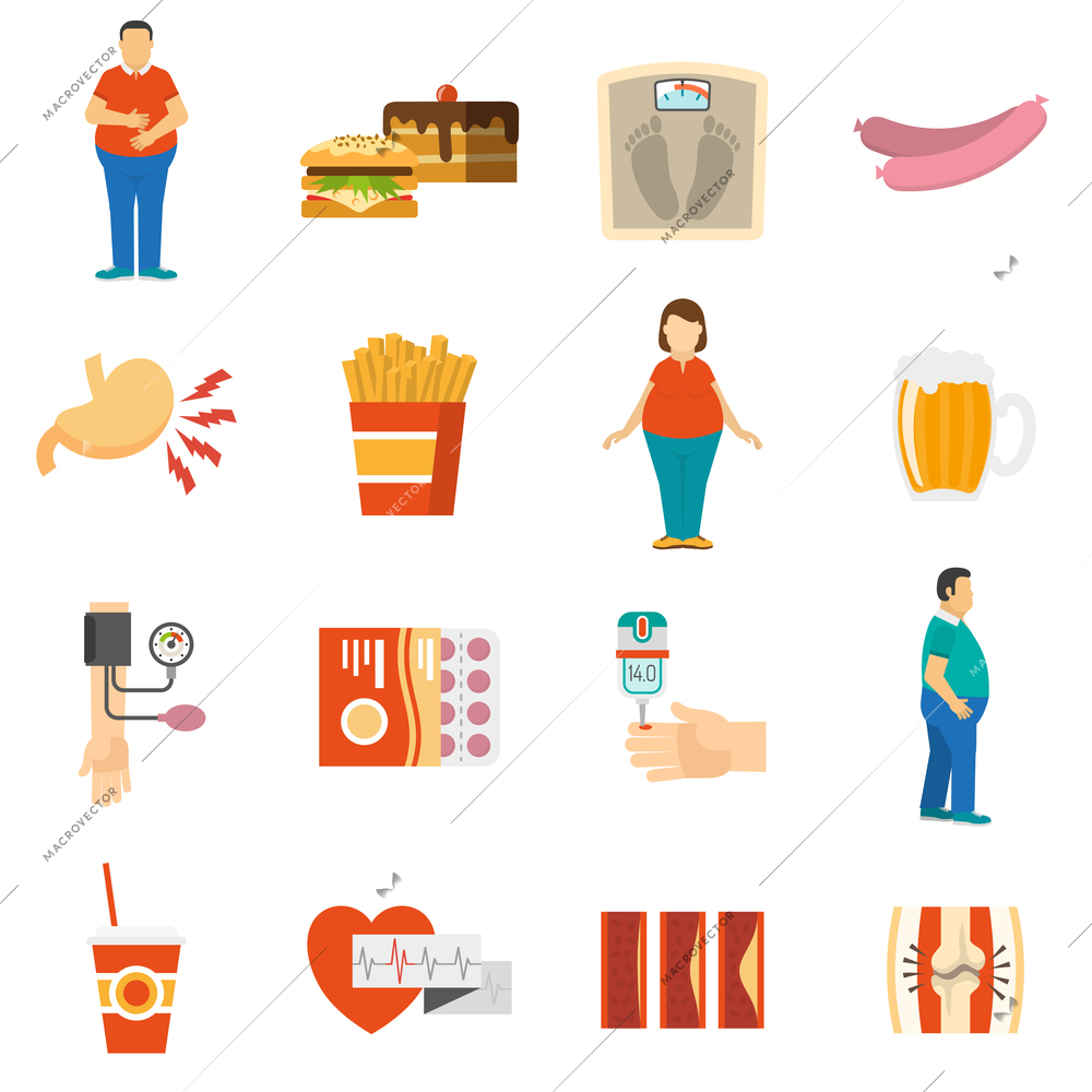 Collection color icons depicting factors and consequences of obesity with white background vector illustration