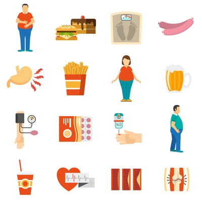 Collection color icons depicting factors and consequences of obesity with white background vector illustration