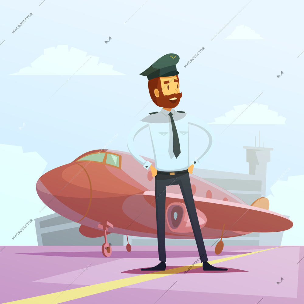 Pilot in a uniform and plane cartoon background with airport building vector illustration