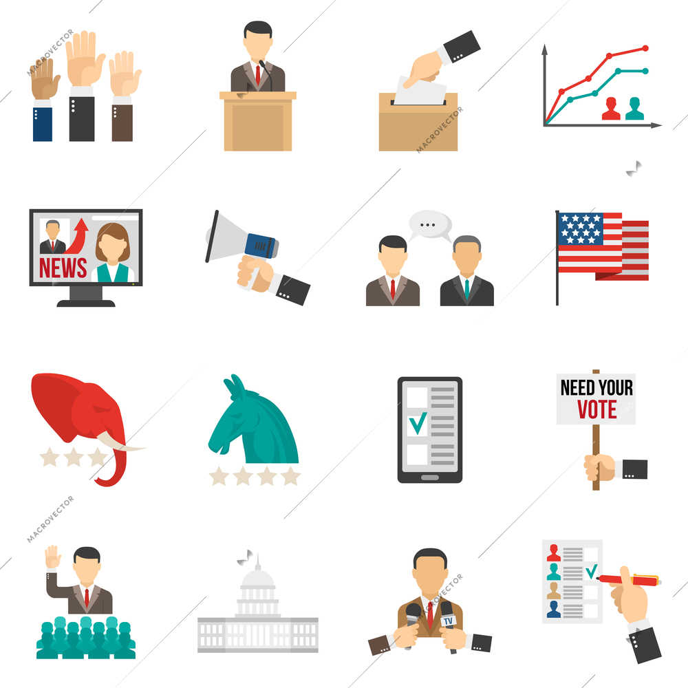 Set of color icons about vote and election american government isolated vector illustration