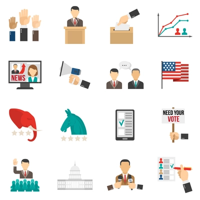 Set of color icons about vote and election american government isolated vector illustration