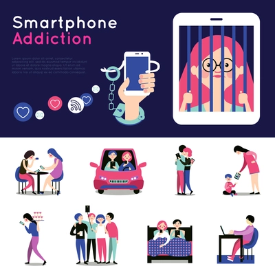 Smartphone addiction 2 flat banners with icons of checking mail and chatting in bed abstract vector illustration