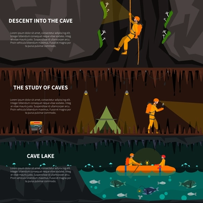 Speleologists descent deep into cave 3 flat banners set with lake and dripstones dark abstract isolated vector illustration