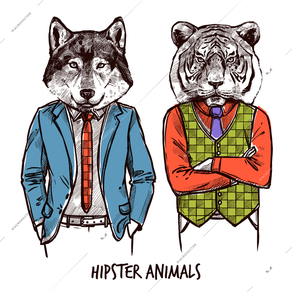 Hipster Animals Sketch Set. Hipster Animals Isolated Vector Illustration. Hipster Style  Animals Design Set.  Hipster Animals Decorative Set.