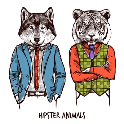 Hipster Animals Sketch Set. Hipster Animals Isolated Vector Illustration. Hipster Style  Animals Design Set.  Hipster Animals Decorative Set.