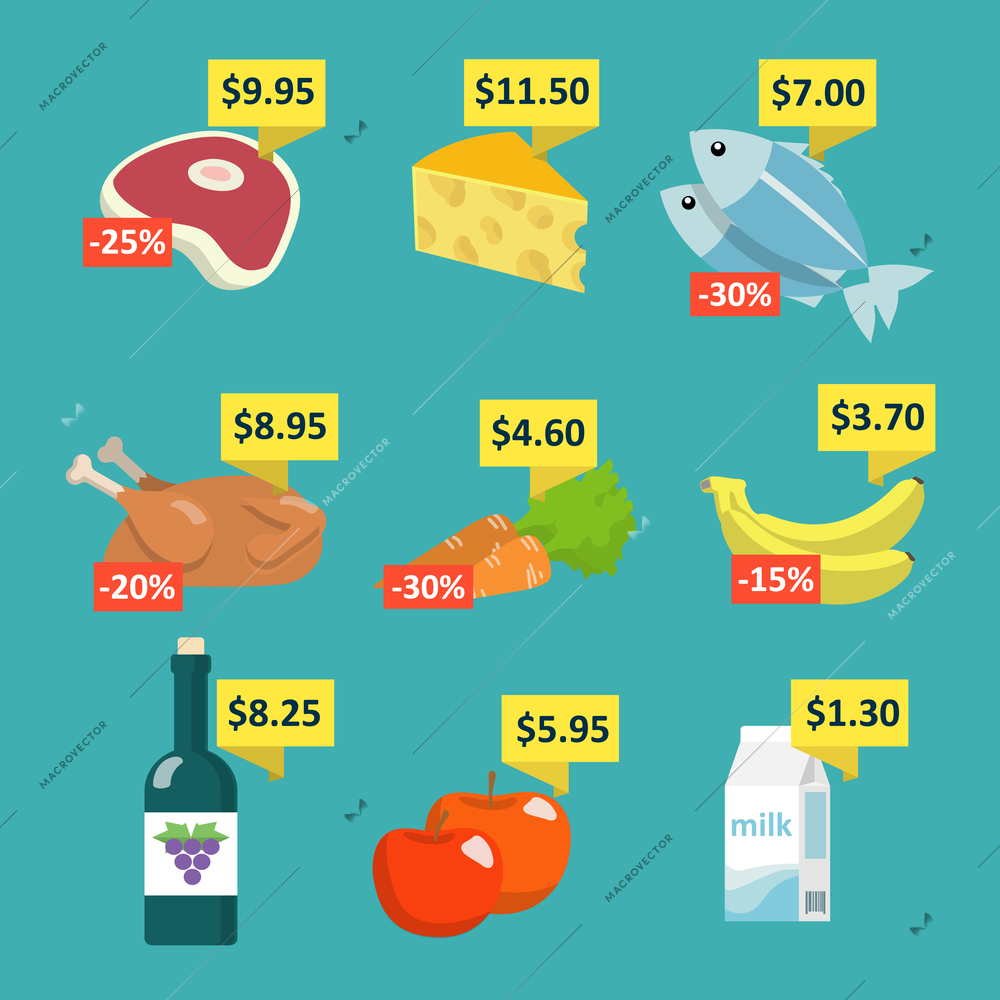 Supermarket food and drink selection icons set with price tags and discount labels flat vector illustration