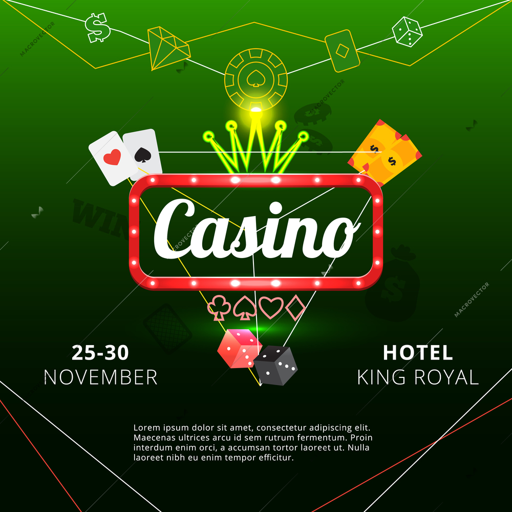 Invitation poster to hotel king royal casino with neon sign and crown on green background flat vector illustration