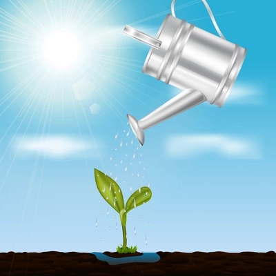 Young growing sprout in springtime design concept with metal watering at sky and sunlight  background vector illustration