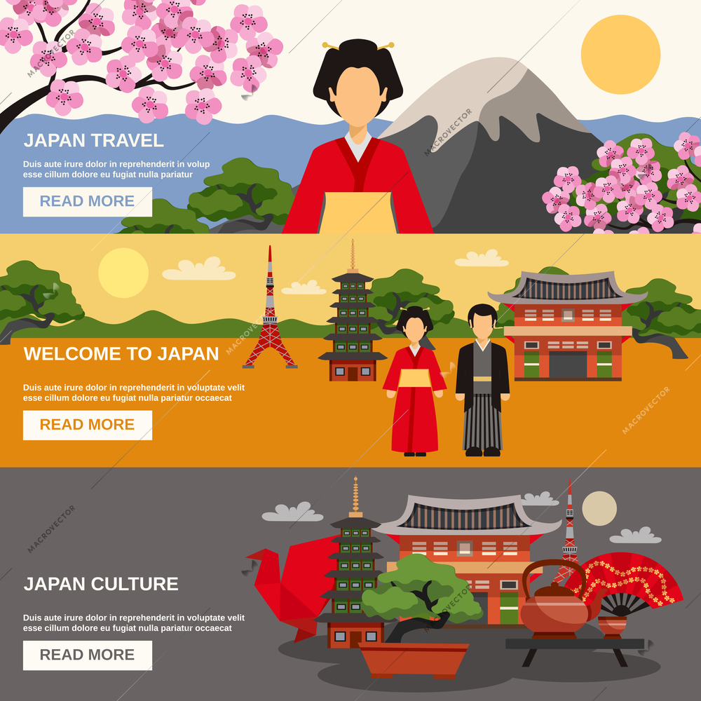 Top tourists attraction in Japan 3 flat horizontal banners set webpage for travelers abstract isolated vector illustration