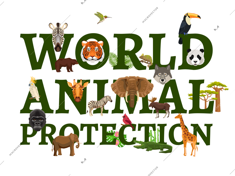 Poster with title illustrating protection of wild world animal with white background vector illustration