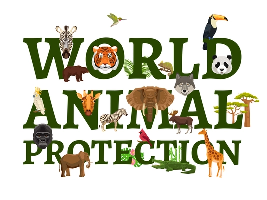 Poster with title illustrating protection of wild world animal with white background vector illustration