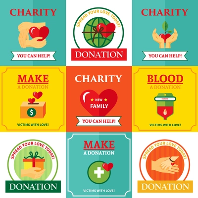 Nonprofit charity helping people organization 9 flat emblems icons square design with heart symbol abstract isolated vector illustration