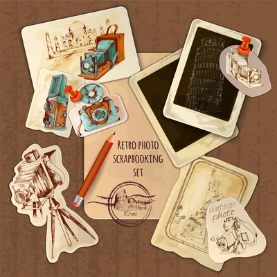 Vintage scrapbooking set with photo frames and retro cartoons vector illustration