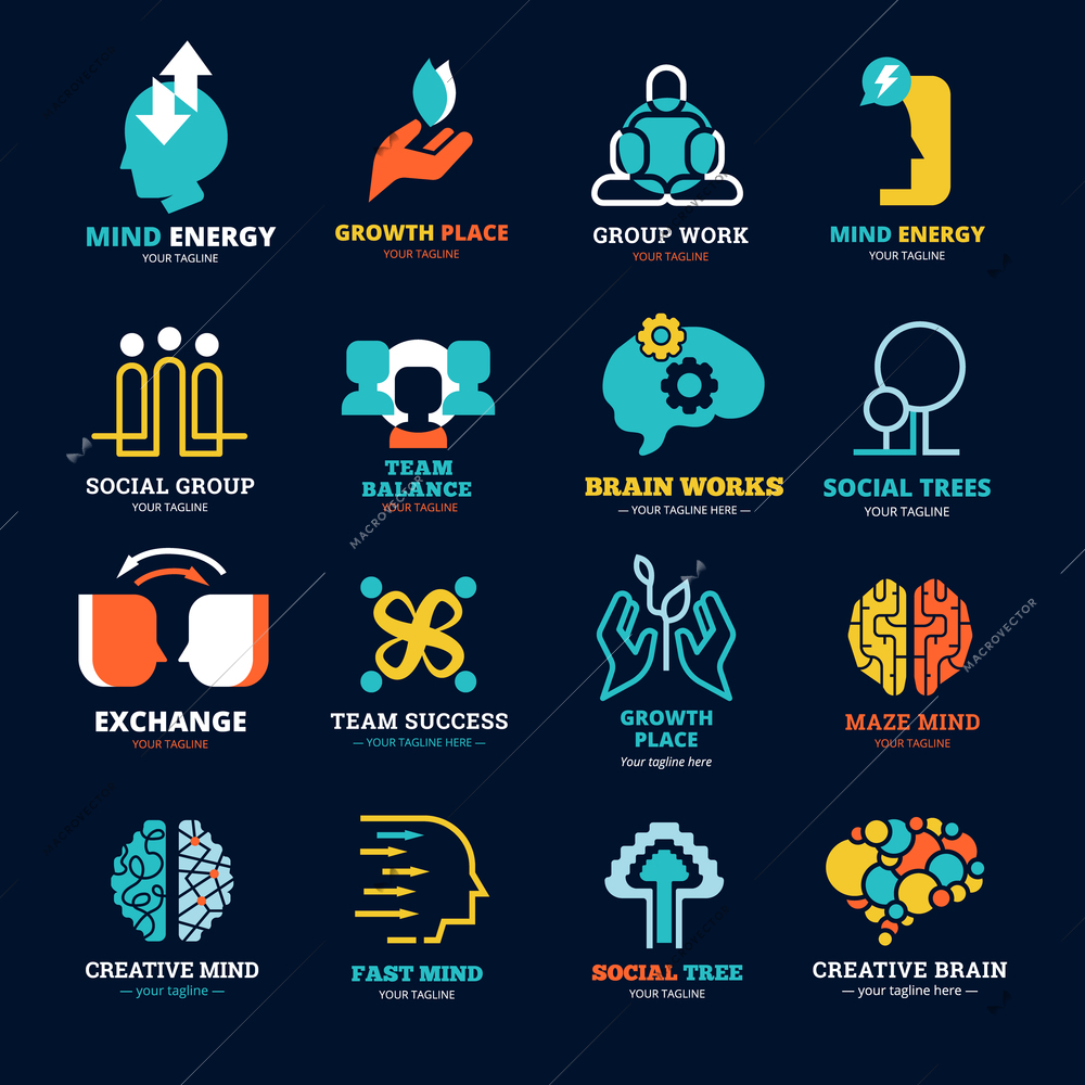 Brain works team balance social tree and other social relationship logos flat icons set isolated vector illustration