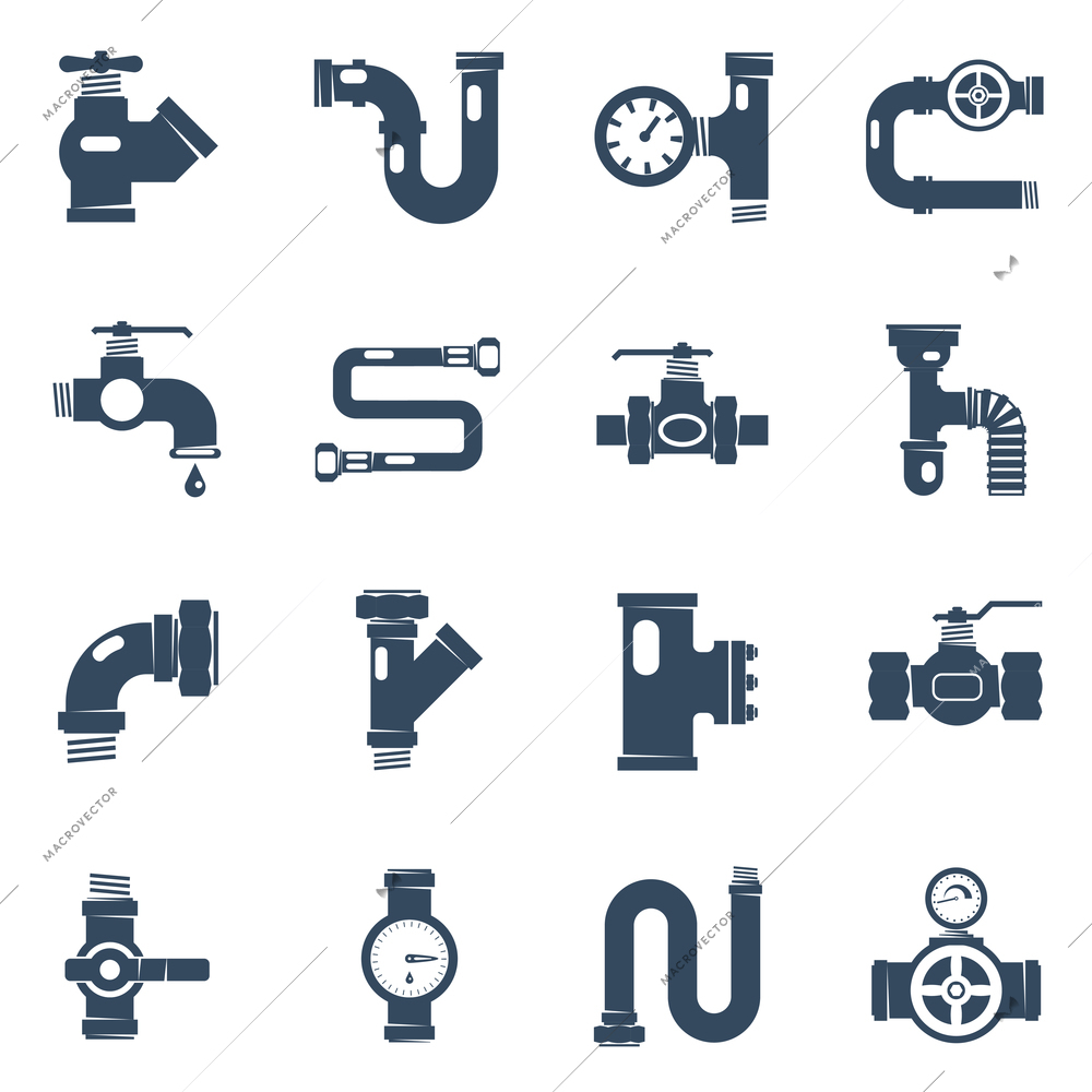 Pipes Black White Icons Set. Pipes Vector Illustration.Pipes Black Flat Symbols. Pipes Design Set. Pipes Elements Collection.