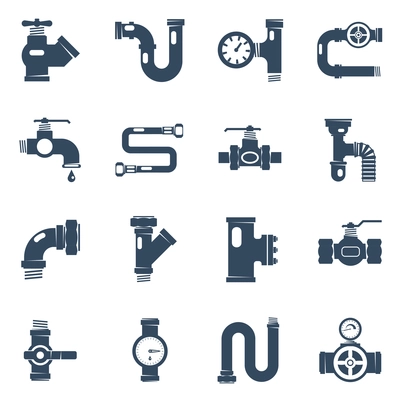 Pipes Black White Icons Set. Pipes Vector Illustration.Pipes Black Flat Symbols. Pipes Design Set. Pipes Elements Collection.