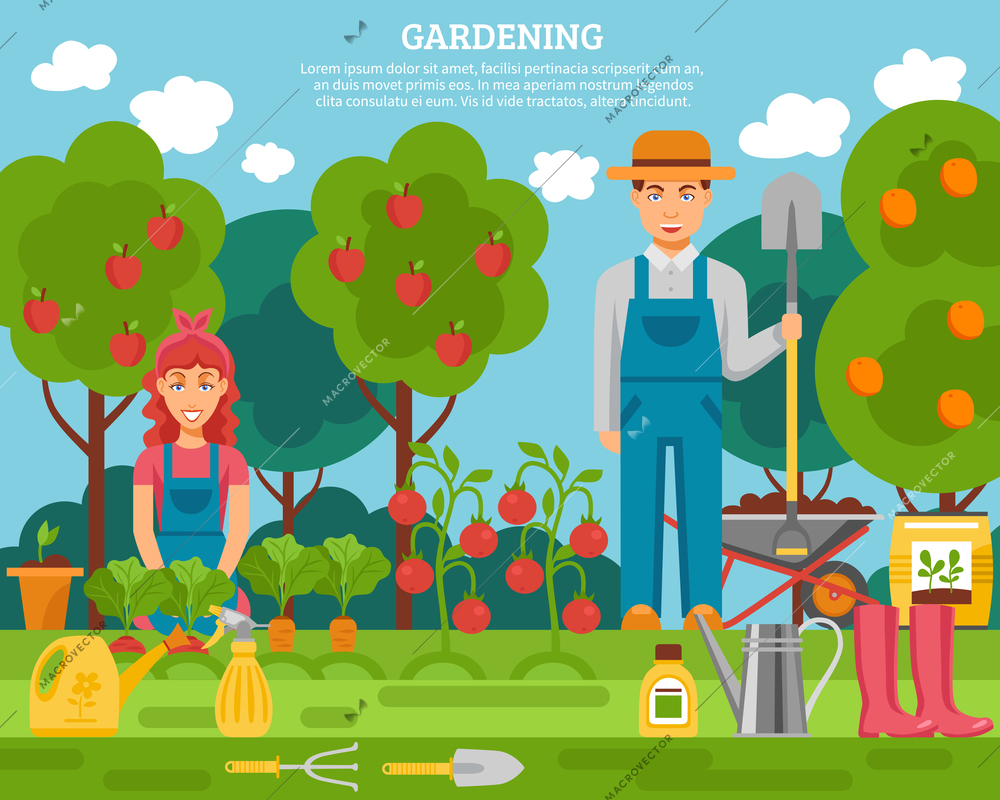 Farmer family concept colorful poster with growing fruits vegetables and gardening tools flat poster abstract vector illustration