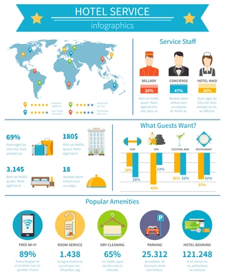 Hotel Service Infographic Set. Hotel Service Flat Infographics. Hotel Service Vector Illustration. Hotel Service Symbols. Hotel Service Presentation.