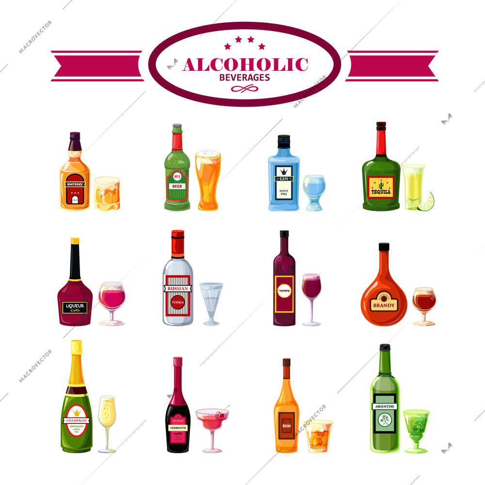 Alcoholic beverages bottles with wineglasses flat icons set for restaurant bar drinks special offers vector isolated  illustration