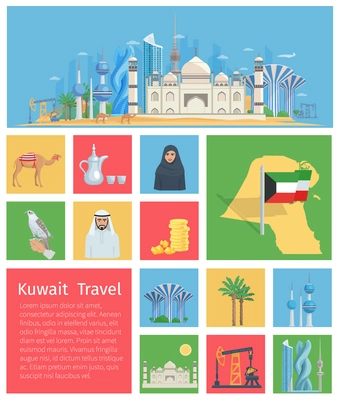 Set of flat color icons showing kuwait landmarks and culture vector illustration