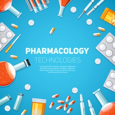 Pharmacology technologies background with drugs pills and capsules vector illustration