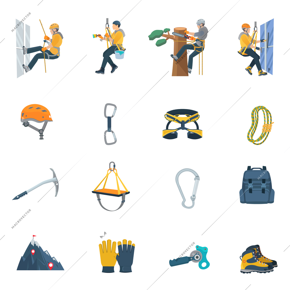 Color flat icons set of climbing equipment ofr industrial alpinism vector illustration