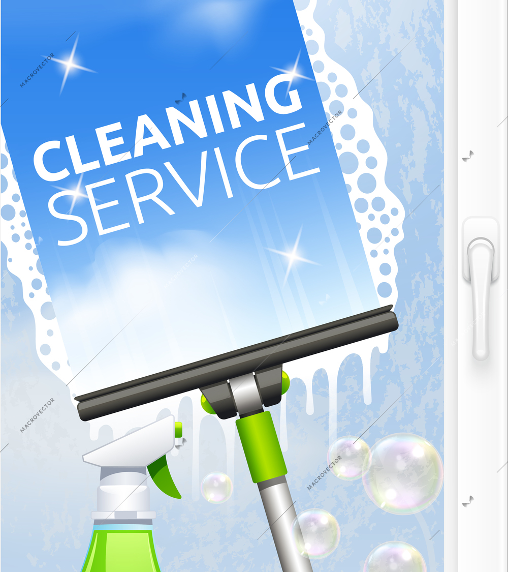 Window cleaning service concept with glass scraper and spray vector illustration