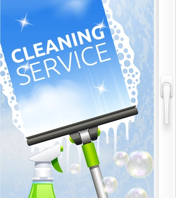 Window cleaning service concept with glass scraper and spray vector illustration