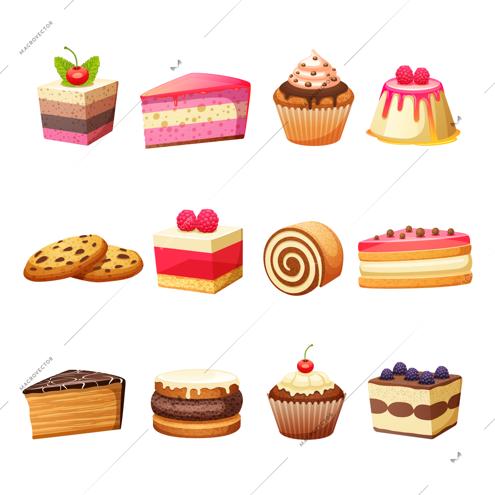 Cakes pastry and sweet desserts set isolated vector illustration