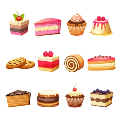Cakes pastry and sweet desserts set isolated vector illustration