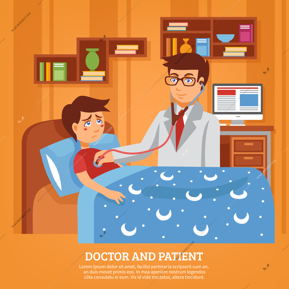 Doctor practitioner in white coat with stethoscope attending sick schoolboy at home poster flat abstract vector illustration