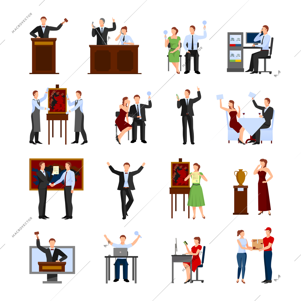 Auction people selling and buying things with holding hammer auctioneer flat icons set isolated abstract vector illustration