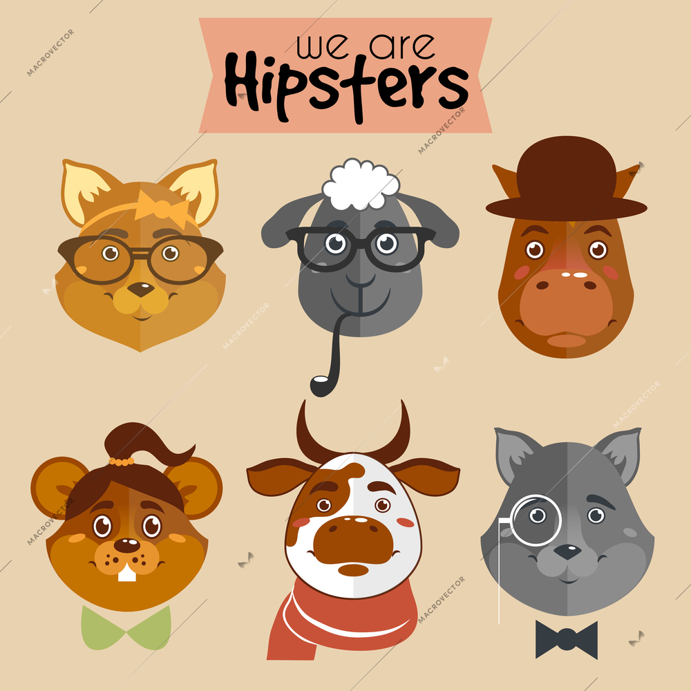 Collection of hipster cartoon character animals fox sheep horse mouse cow and wolf with accessories isolated vector illustration