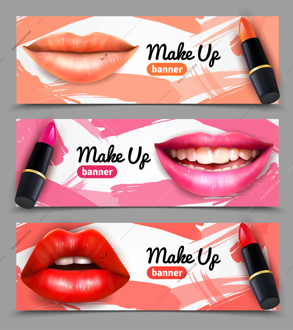 Choosing right color shade testing and properly applying lipstick 3  horizontal banners set realistic isolated vector illustration