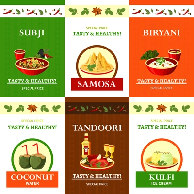 Indian cuisine special offer flat icons composition poster with spicy biryani rice dish abstract isolated vector illustration