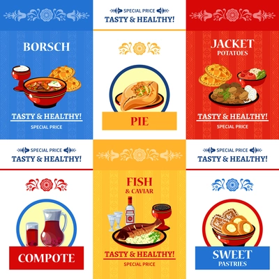 Russian cuisine special offer flat icons composition poster with fish and caviar main dish abstract isolated vector illustration