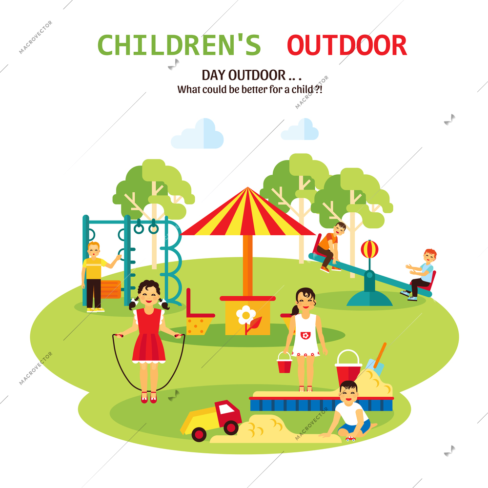 Color flat illustration with title and tagline of outdoor playground for children with sandbox seesaw and toy vector illustration