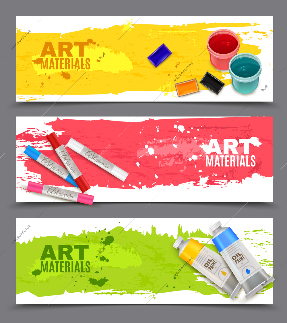 Artistic horizontal banners set with advertising of oil paints watercolor gouache and art pastels realistic vector illustration