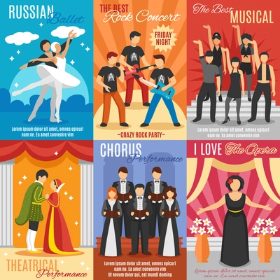 Flat theatre posters set of russian ballet rock and choral concert theatrical and opera performance vector illustration