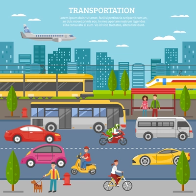 Transport in city poster with people and movement of airplane train tram bus individual vehicles vector illustration