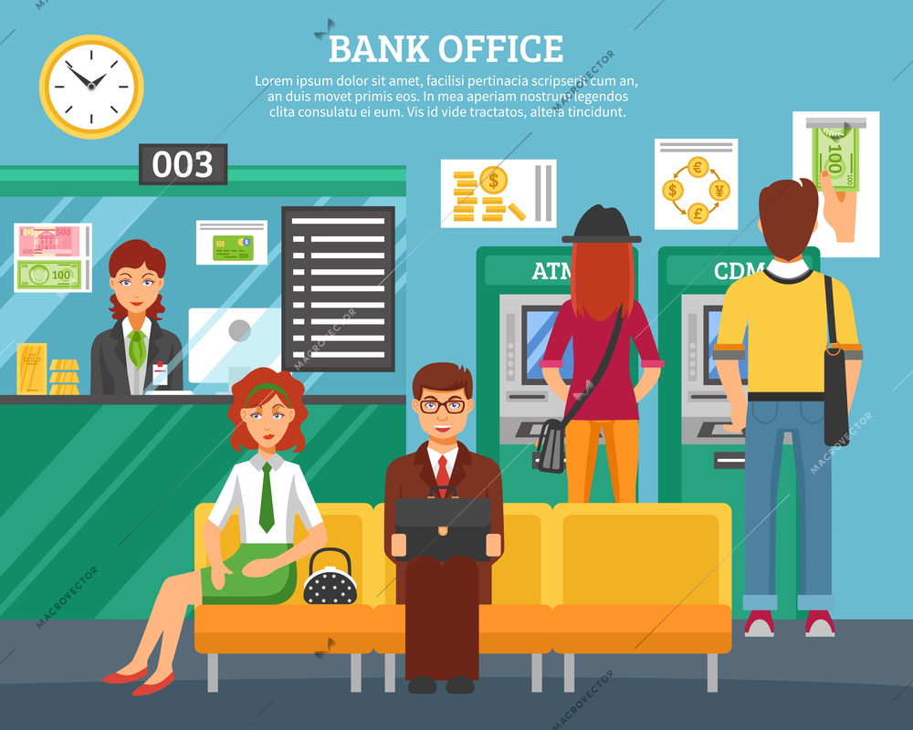 People inside bank office design concept with boy and girl at atm and terminal and customers waiting servicing flat vector illustration