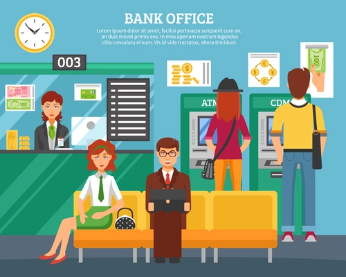 People inside bank office design concept with boy and girl at atm and terminal and customers waiting servicing flat vector illustration