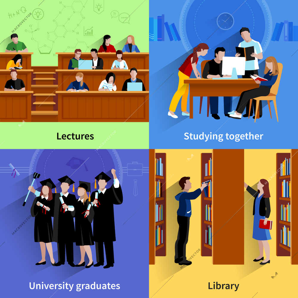 Students 2x2 flat color design concept with young people studying in library in auditorium and group of university graduates vector illustration