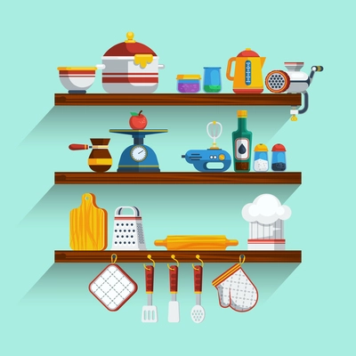 Kitchen Shelves Set. Kitchen Shelves Vector Illustration. Cooking Flat Symbols. Kitchen Shelves Design Set. Cooking Elements Collection.