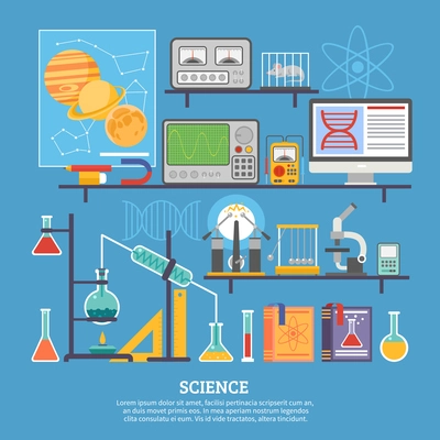 Biochemistry scientific research laboratory flat poster with microscope chemical reaction tests and control mouse vector illustration