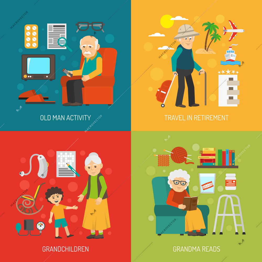 Old people retirement life 4 flat icons square poster with grandchildren and travel abstract isolated vector illustration