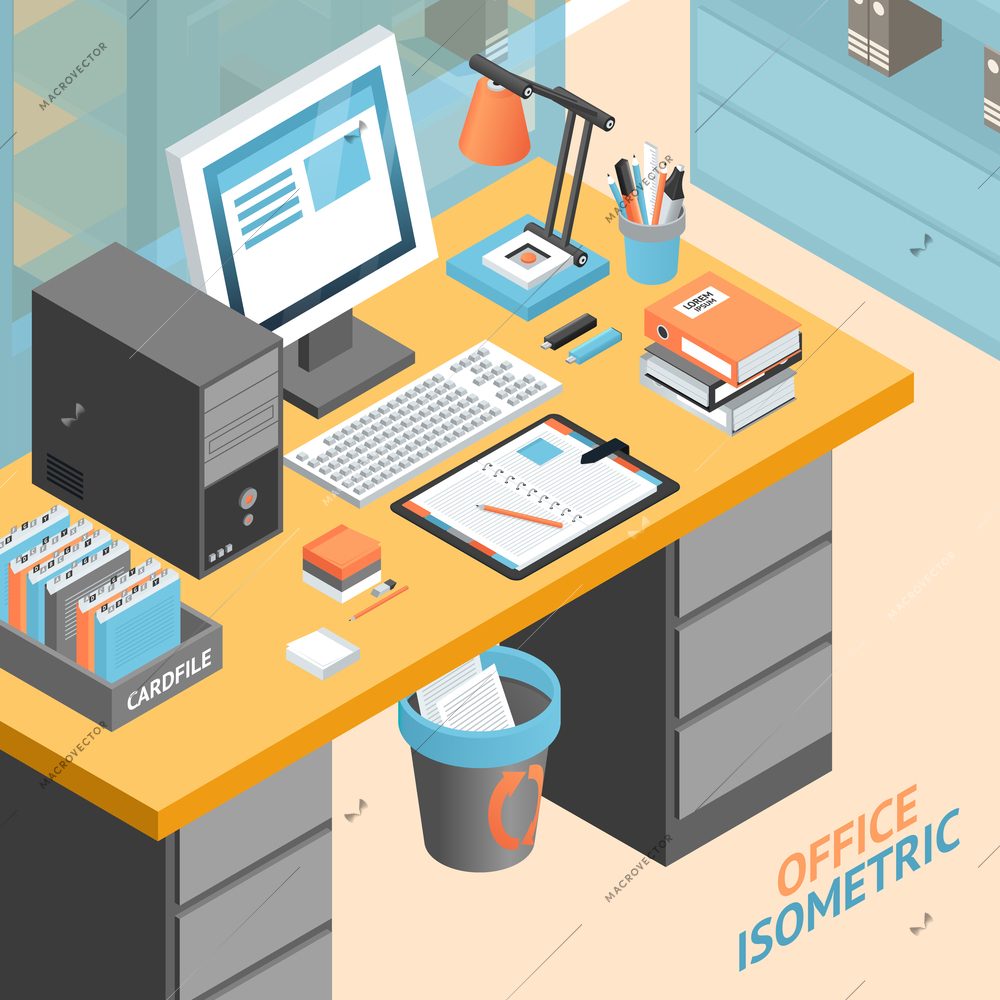 Office room work place isometric design concept with tools and storage space vector illustration