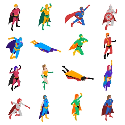 Superhero Icons Set. Superhero Isometric Vector Illustration. Superhero People Symbols. Superhero Design Set. Superhero People Collection.