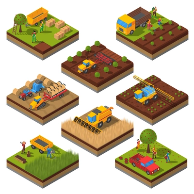 Isometric set with isolated plates of fields and agricultural machines harvesting and people cropping vector illustration